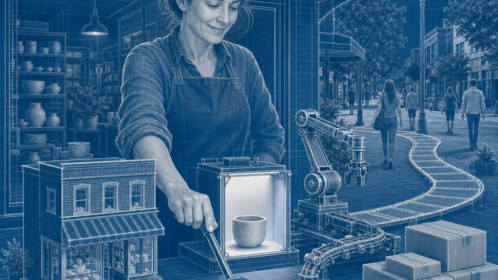 A shop owner reviews a physical automated bench that prepares products, packaging and a path toward new customers.