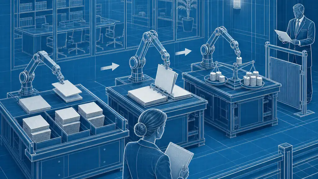 Law-firm staff oversee machines sorting blank billing files, assembling a compliance binder and balancing forecast tokens.