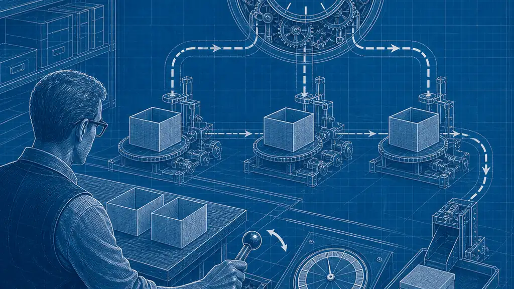 An operator tests a clockwork route that turns three repeated task boxes into one scheduled delivery.