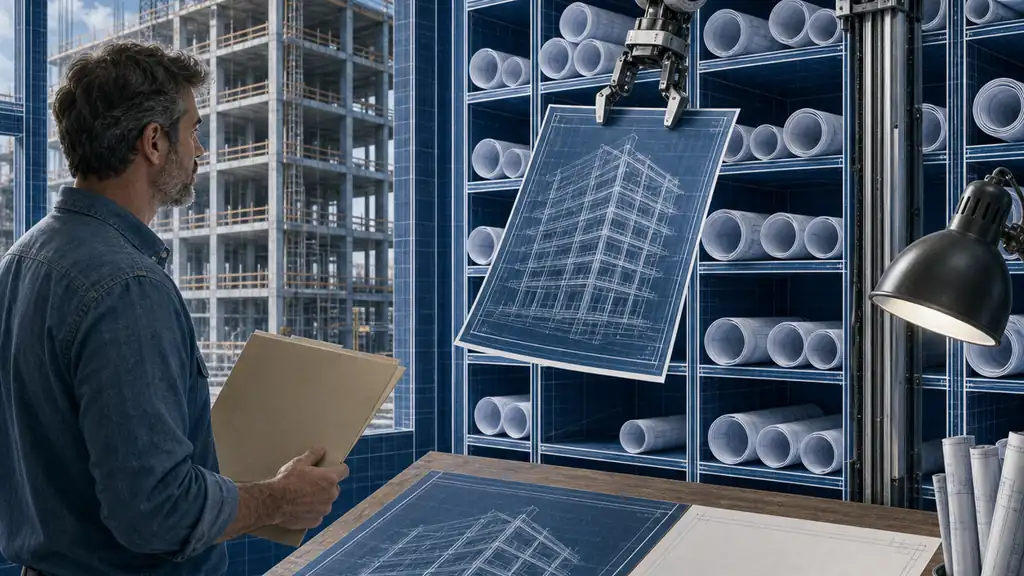 A construction manager watches an autonomous archive select the blueprint matching the building outside.