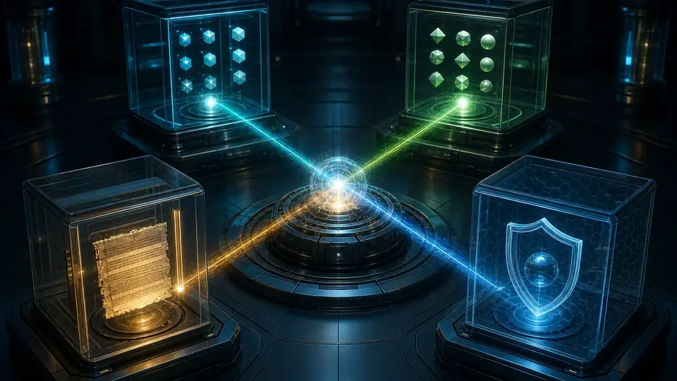 Editorial illustration of exact, semantic, source, and privacy probes converging on a verified retrieval result