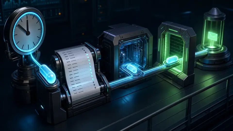 Editorial illustration of one scheduled run moving through a receipt, execution chamber, verification gate, and delivery capsule