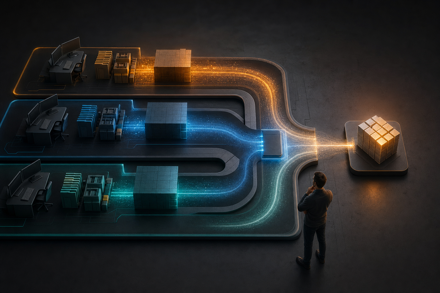 Independent code workstreams assigned to separate modules and converging through one verified interface
