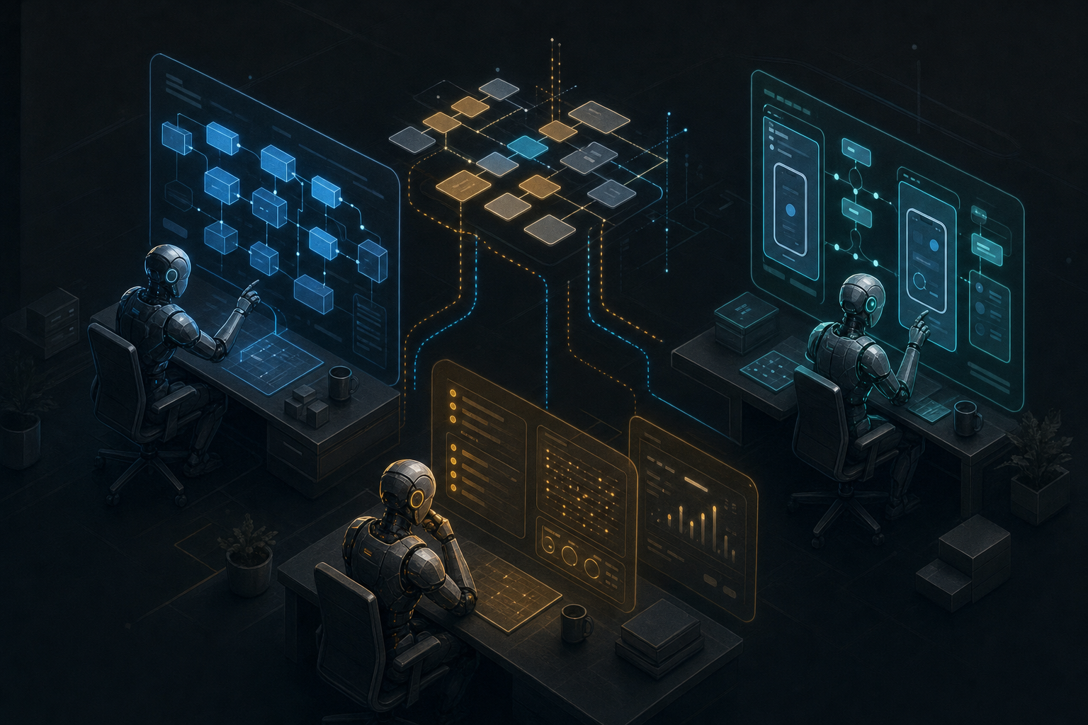 Three independent coding teammates reviewing architecture, tests, and user flows around a shared software project