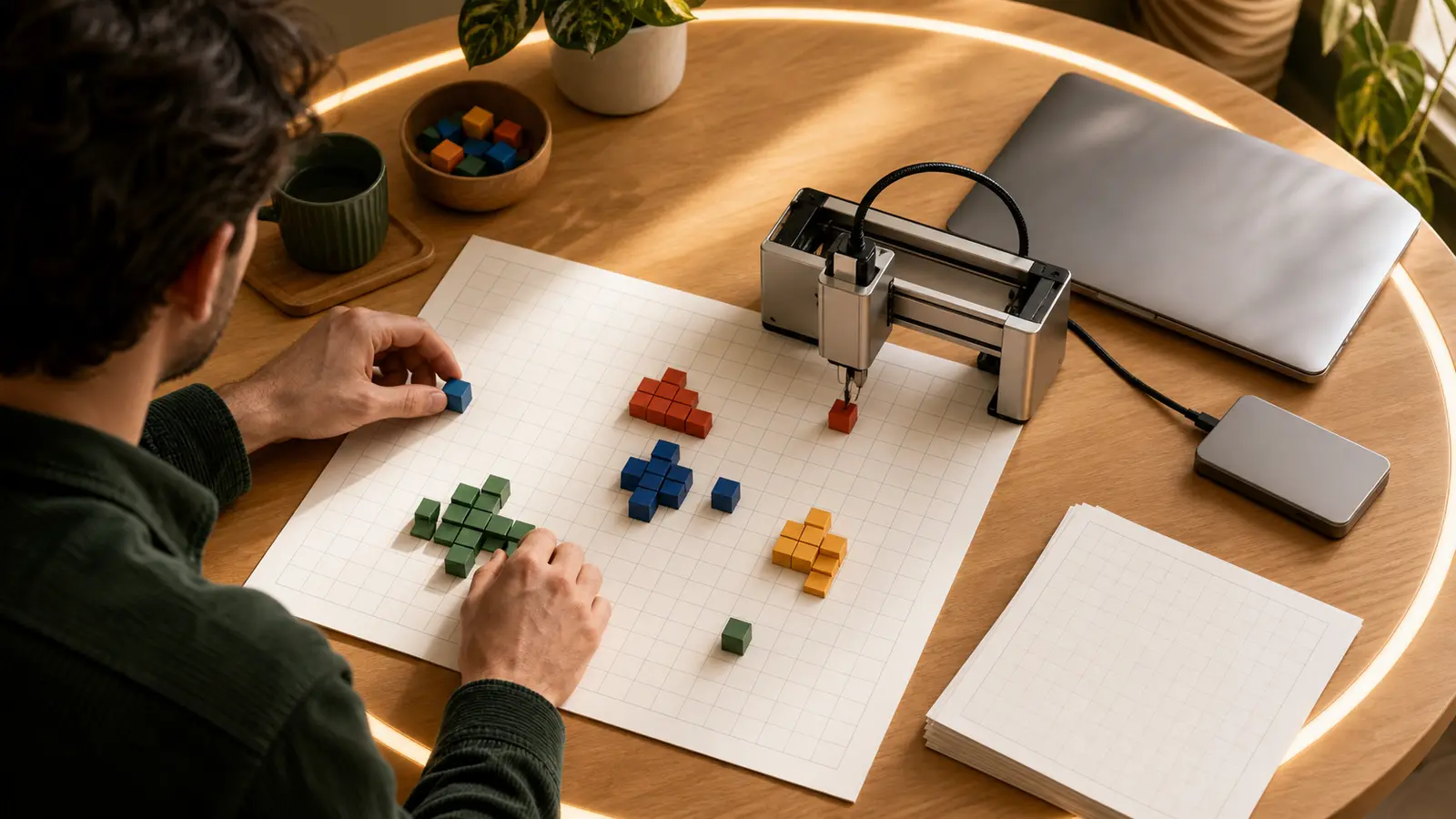 A person and compact plotting machine arranging colored blocks on an unlabeled grid beside a closed laptop and local drive.