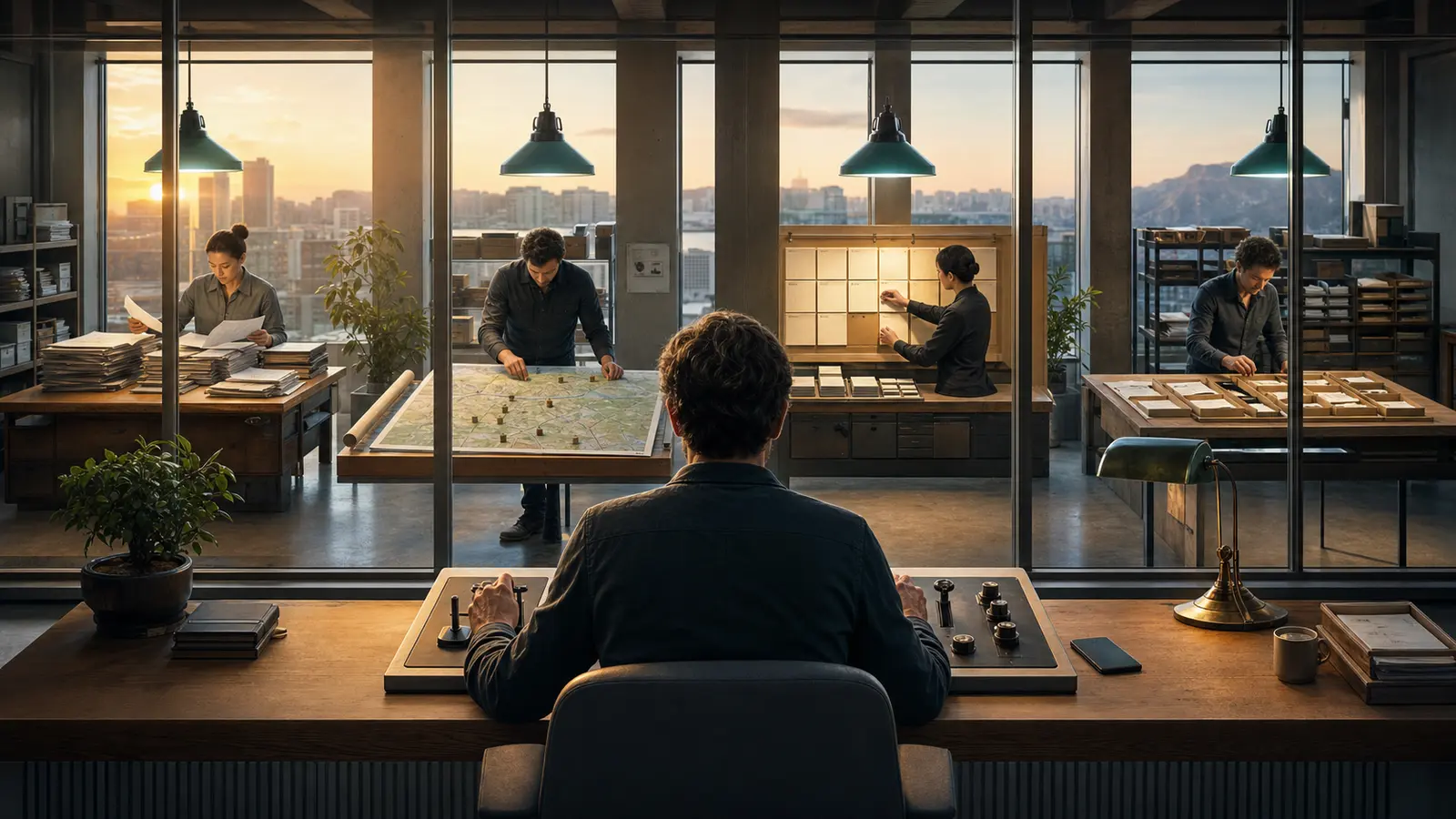 An operator at a mechanical control desk supervising four glass-walled bays doing research, routing, scheduling, and file work.