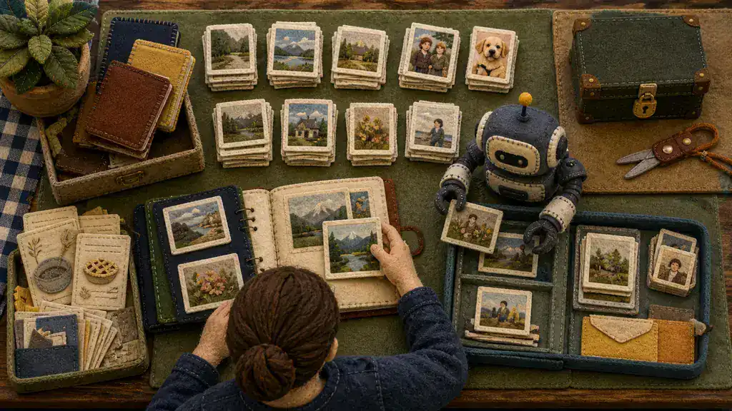 A person and mechanical photo librarian sort many felt photo prints into albums while deletion tools remain under human control.