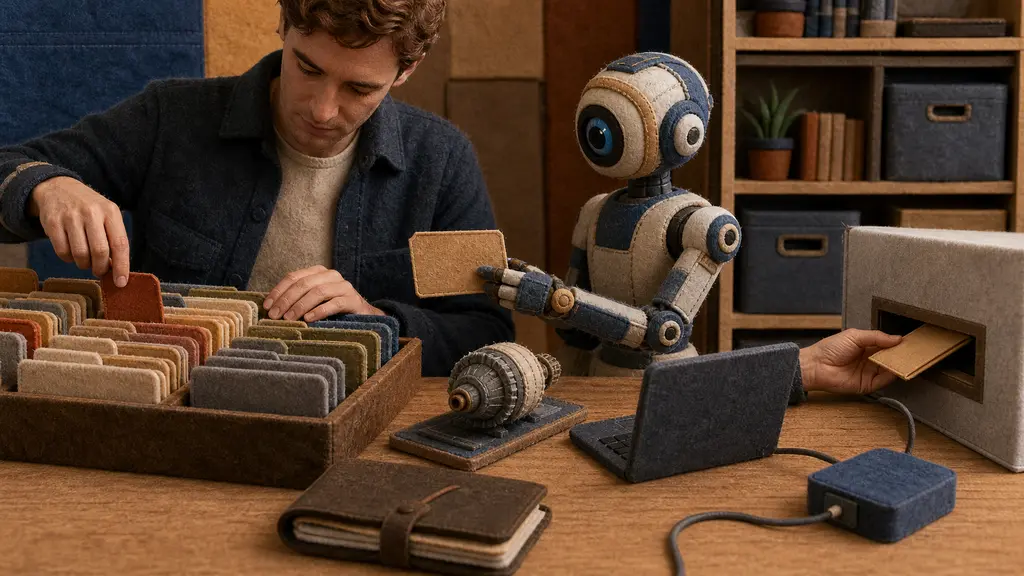 A person and mechanical assistant search blank archive tabs while an unmarked project case and private envelope move between workstations.