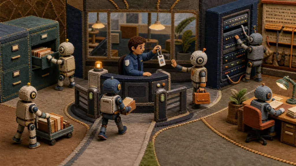 A human security operator checks a mechanical worker at a central gate while other workers continue routine tasks in an enterprise operations room.