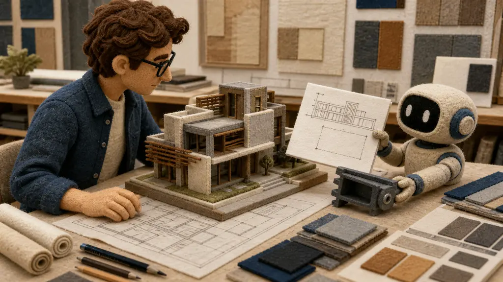 An architect and mechanical design assistant review a detailed building model, a blank dimensioned sheet and a fabrication part.
