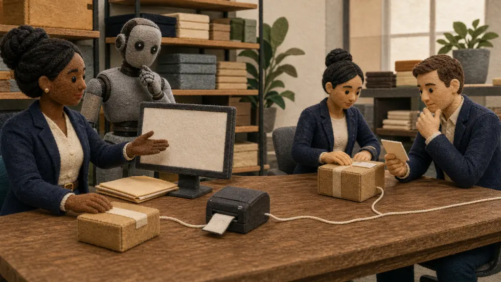 An operator demonstrates a parcel-return process while a mechanical observer watches and two supervisors review an exception before continuing.