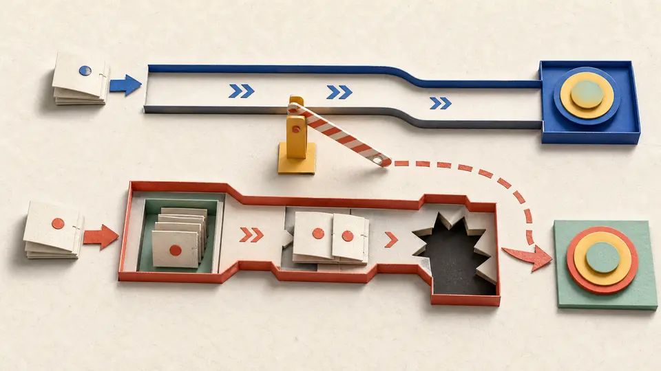 A second test pass reveals retained state, a duplicate packet, and a missing exit path while a review gate diverts the unsafe route