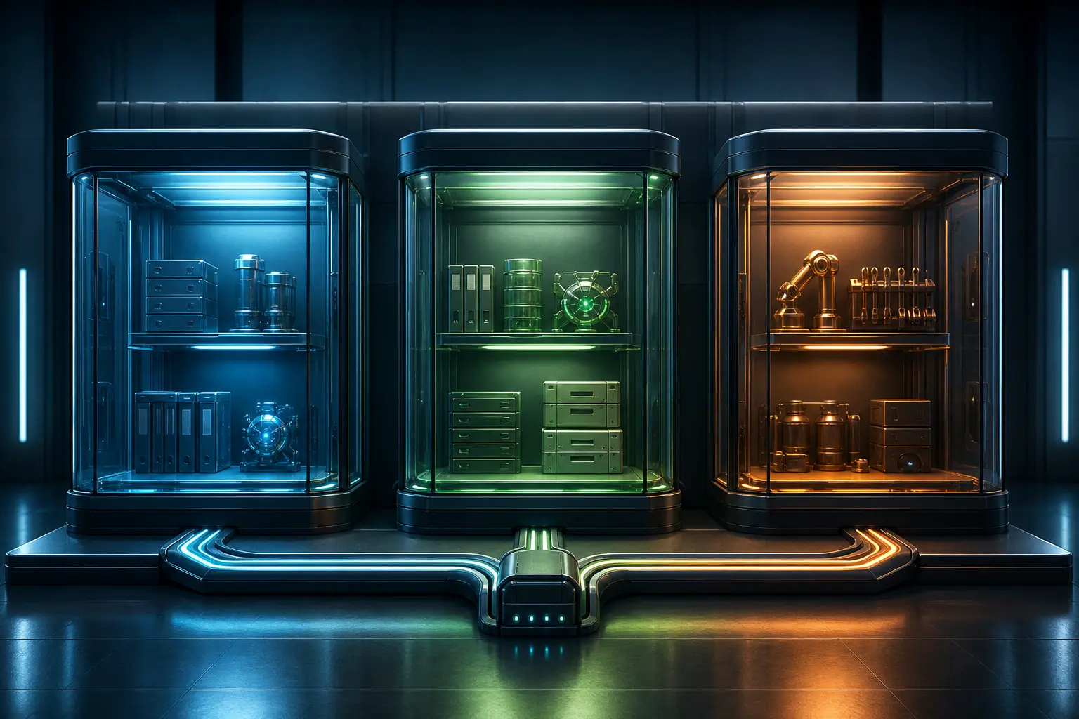 Three isolated OpenClaw worker environments with separate storage and tool sets connected through a controlled routing spine