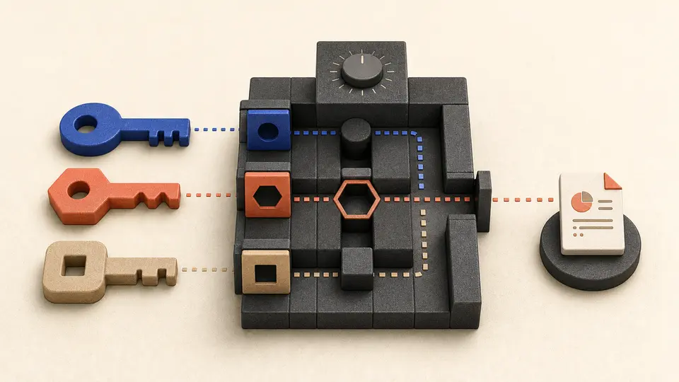 Modular illustration of three differently shaped identifier keys approaching exact gates before a sealed analytics report