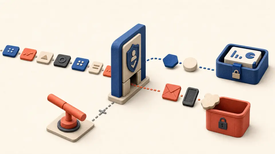 Modular privacy gate passing two approved event tokens while diverting envelope phone and freeform shapes away from a private report
