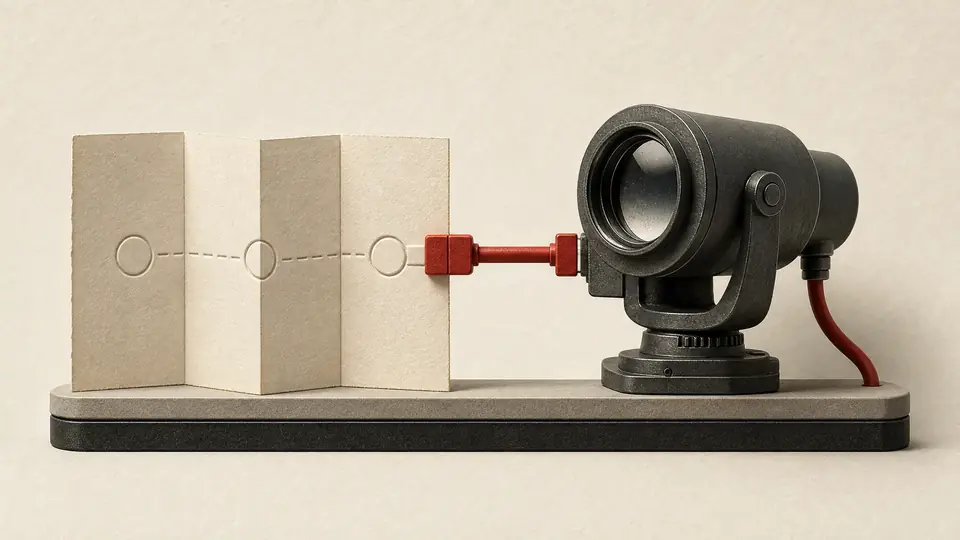 An ivory instruction map and a charcoal browser instrument joined by one red connector