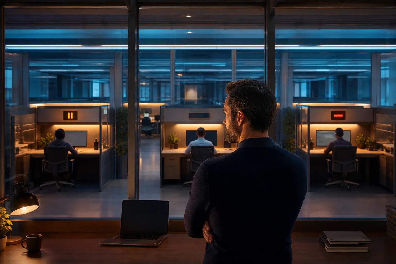 A human operator supervises separated coding work bays, with one job paused and another stopped.