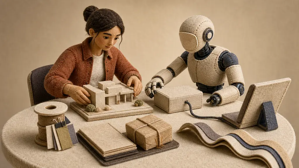 A human and mechanical assistant coordinate conversation history, architectural work, voice interaction and guarded business actions at one felt worktable.