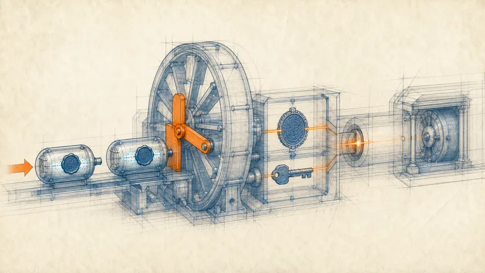 Blueprint-style nonce wheel blocking a duplicate request capsule while a content seal and separate application key align for one write path