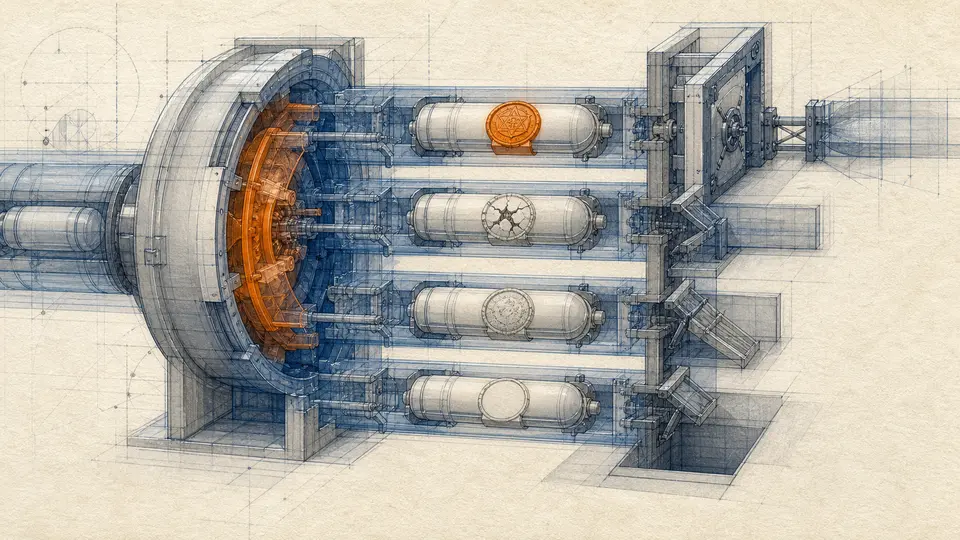 Blueprint-style cutaway of four signed request capsules separated into distinct verification lanes, with the intact lane facing another locked gate