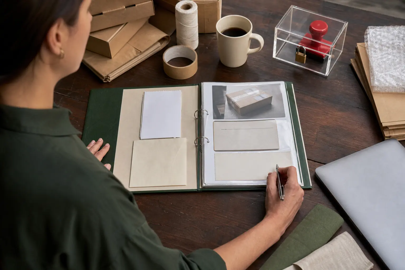 A small-business owner reviews a chargeback evidence binder while the submission stamp remains locked away.