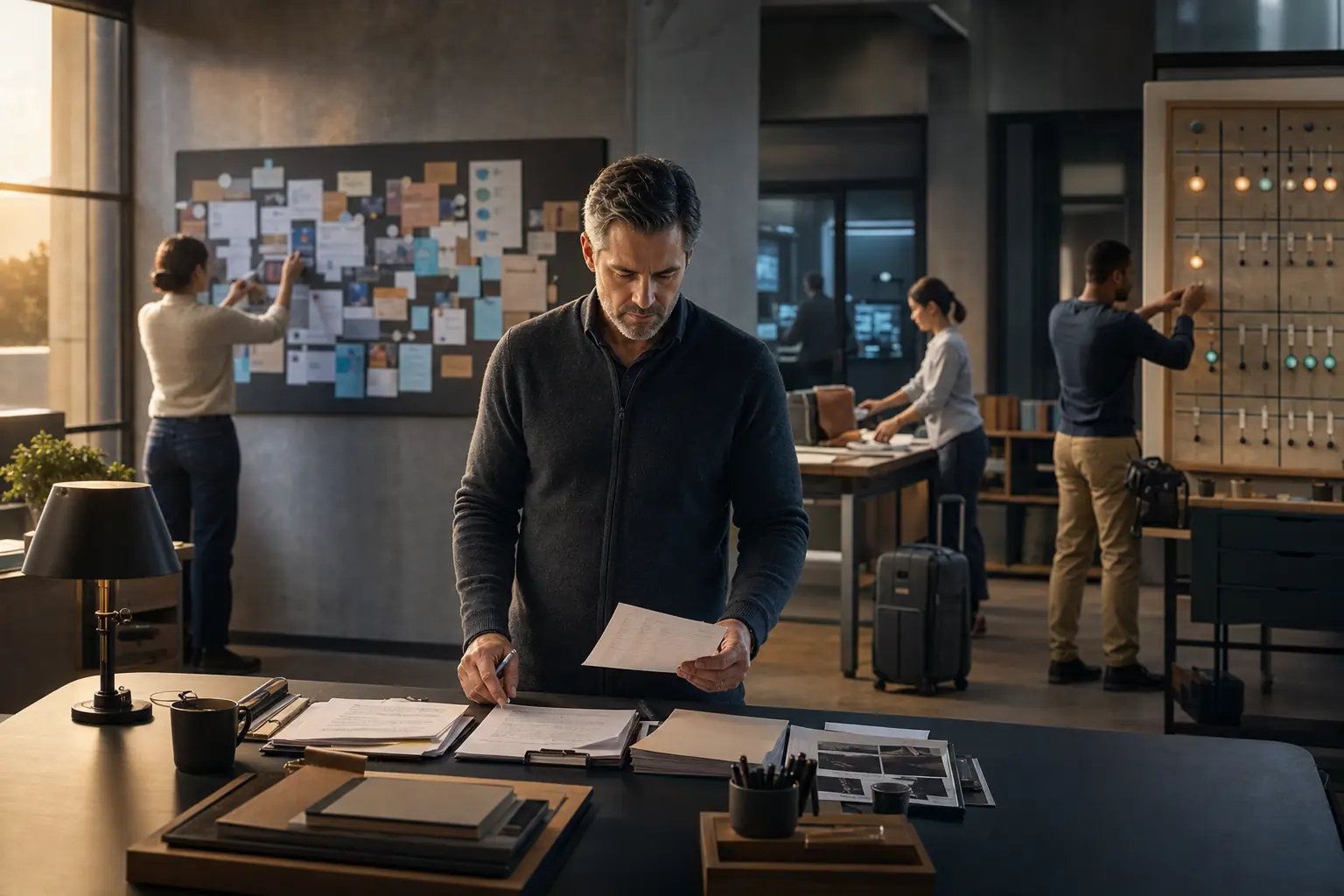 A human supervisor reviews an approval checklist while research, travel, operations and security workflows continue around him.