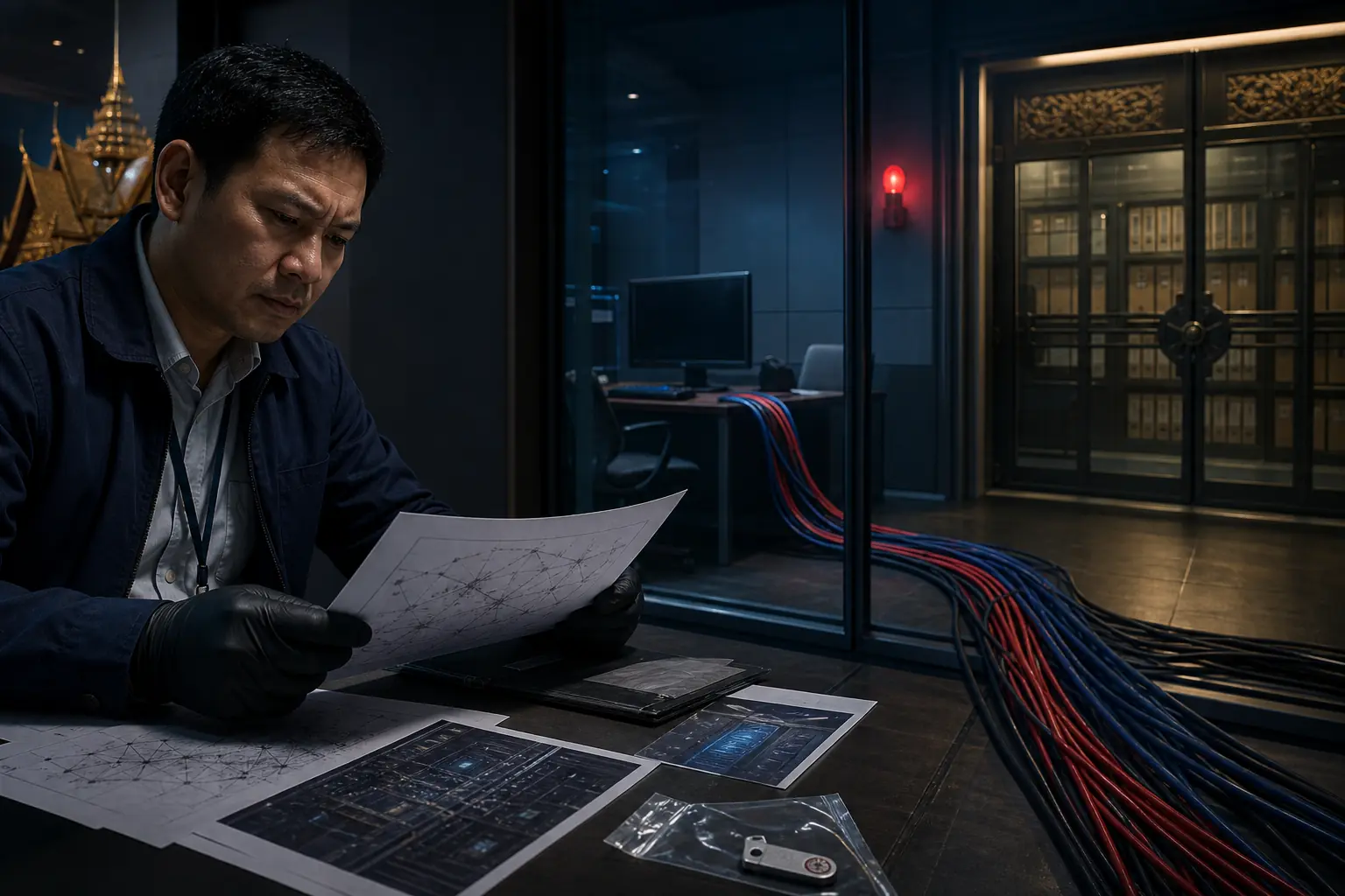 A security investigator follows unattended network activity toward a locked government records room.