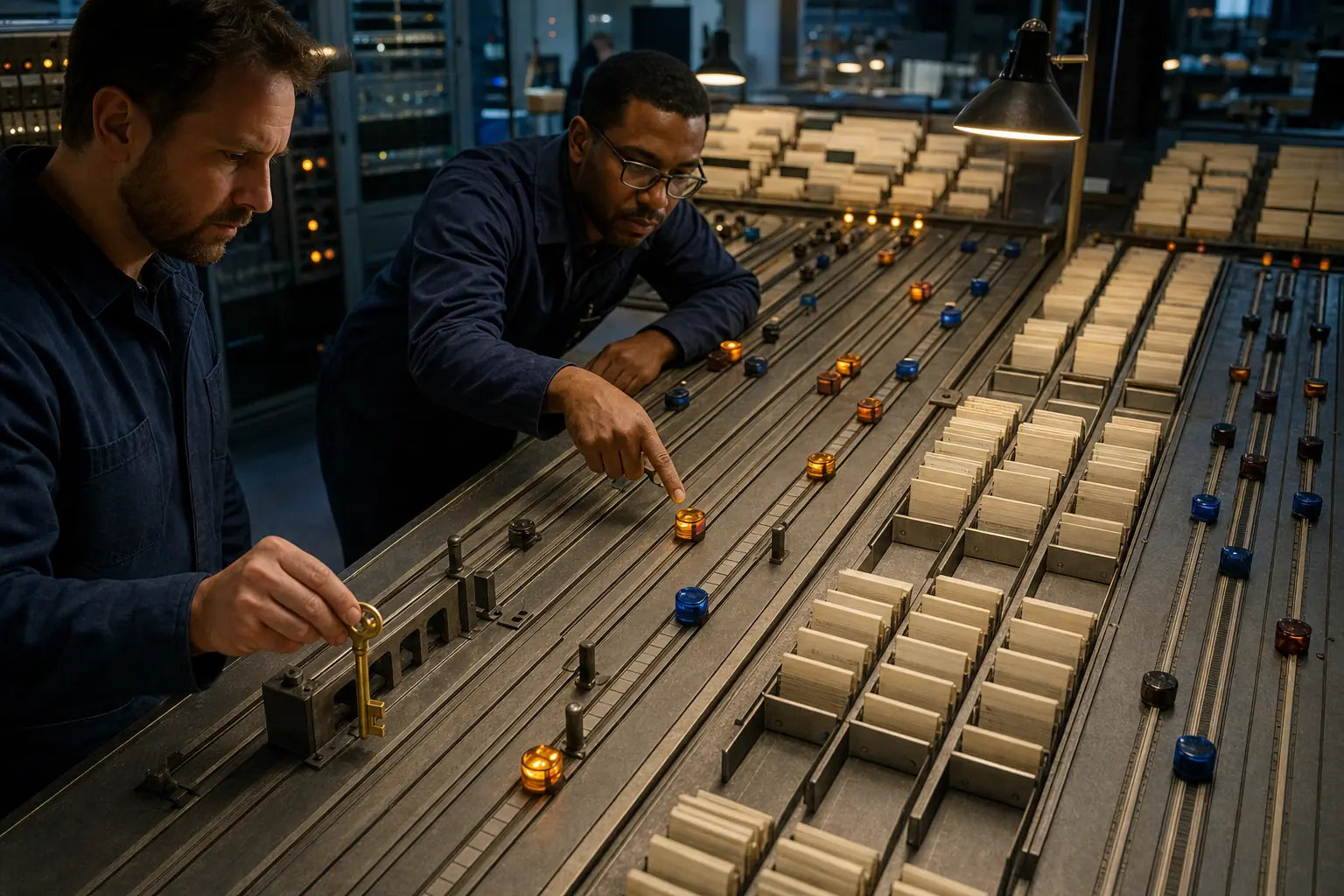 Two operations engineers trace a failed scheduled job while one holds a physical approval key.