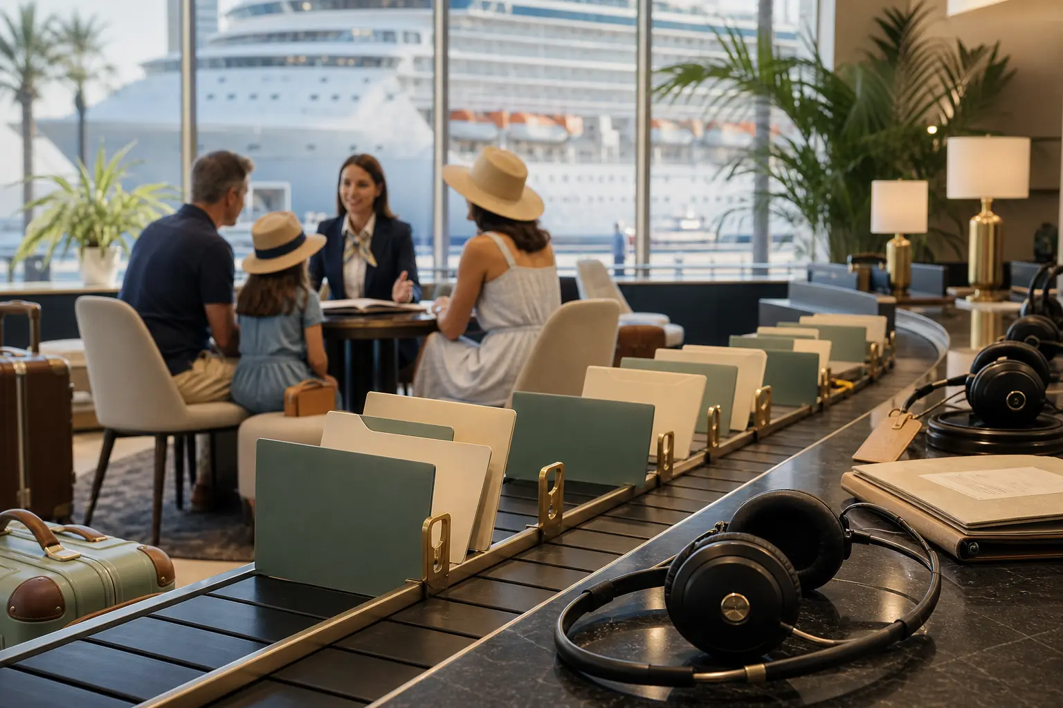 Unattended headsets and itinerary folders move beside a human-led family travel consultation.