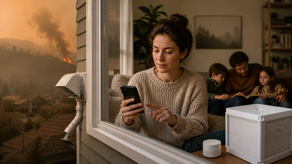 A household air-quality guardian compares indoor and outdoor conditions before recommending ventilation or filtration.