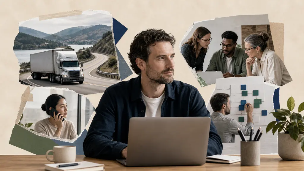 A human operator calmly supervises agents working across transportation, messaging, research and software tools.