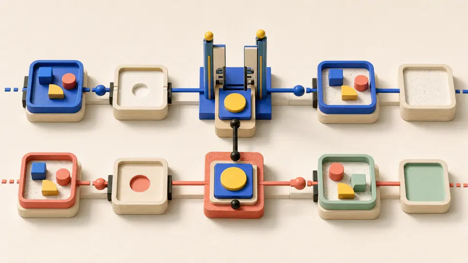 Two colored project paths remain linked through one controlled task gate while only the upper membership advances to a new section tray