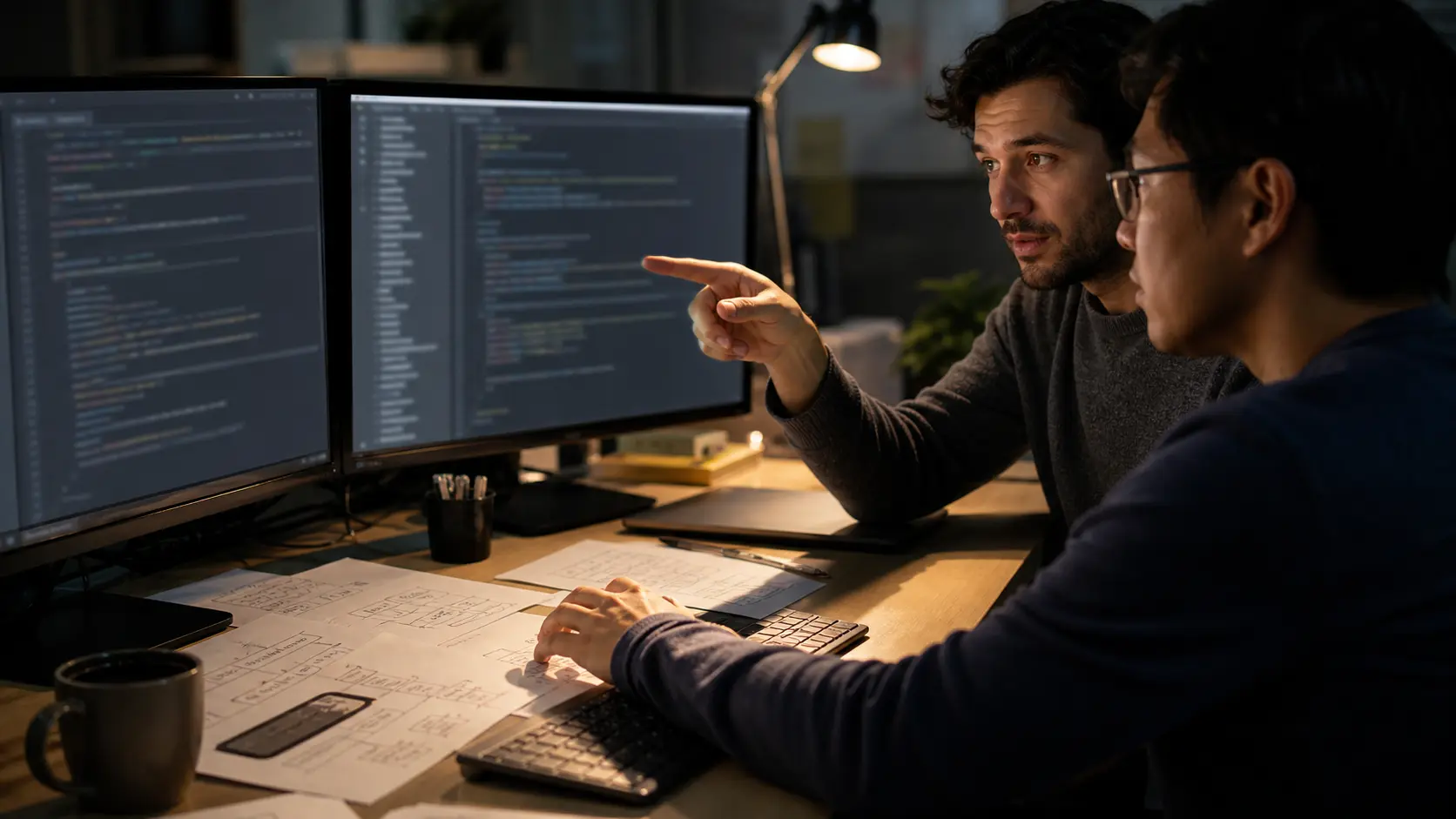 Two software engineers pause at a deliberate code-review checkpoint.