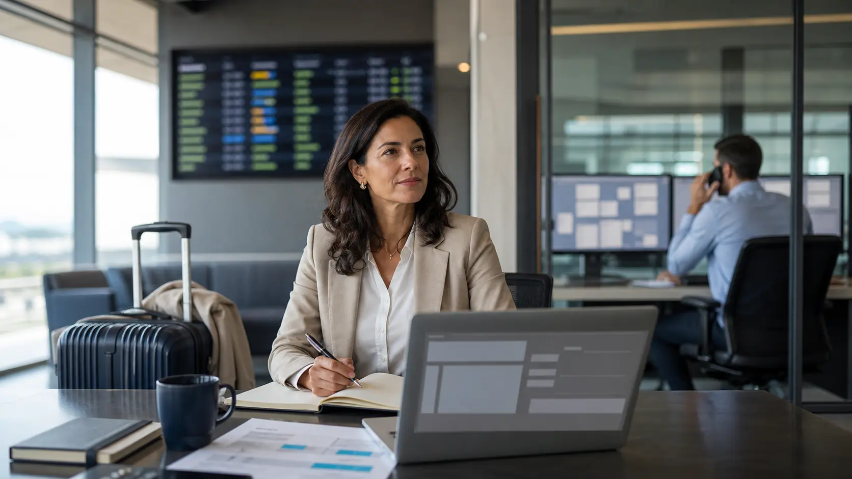 An operations professional supervises travel and remote work from a bright control room beside her luggage.