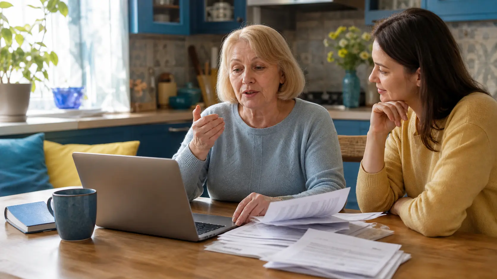 An older resident speaks to a laptop while a family member helps organize public-service documents.