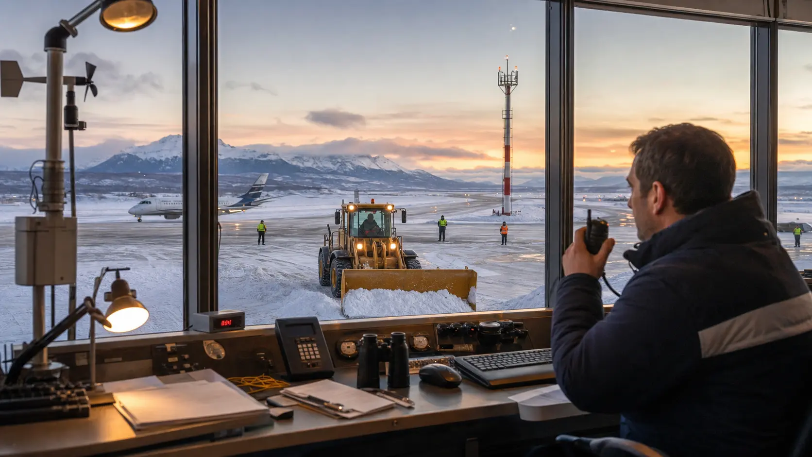 An airport operations manager coordinates a snowplow and runway crew at dawn.