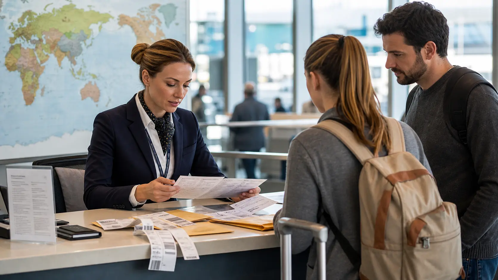 A travel-service specialist reviews disruption options with two stranded passengers at an airport.