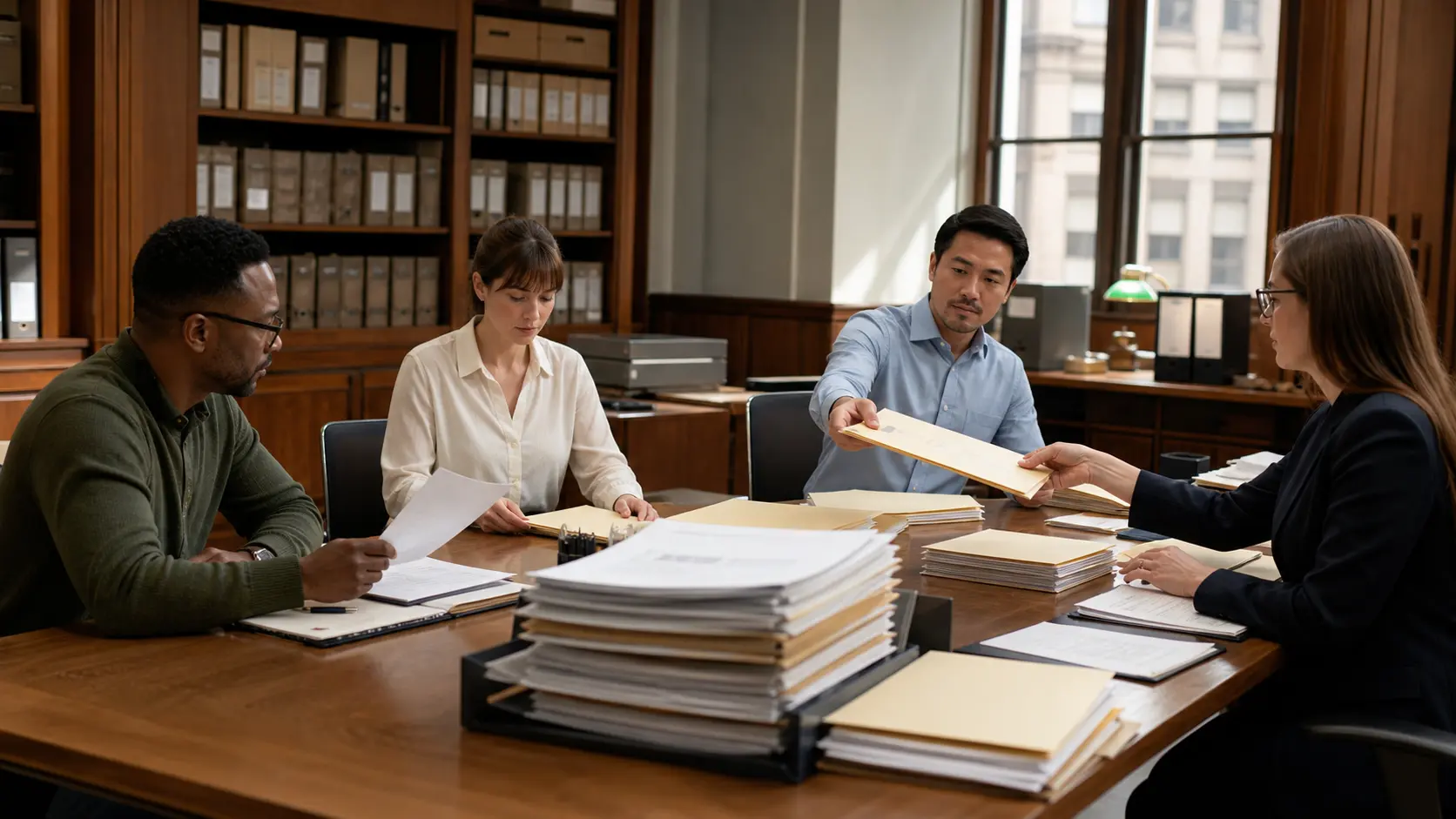 A cross-functional business team routes an uncertain evidence packet to a human reviewer.