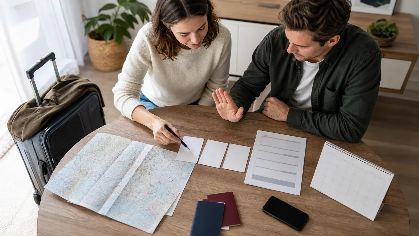 Two travelers compare three recovery options and pause before approving any change.