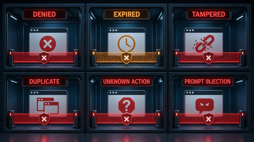 Six browser-agent failure conditions including denial, expiry, tampering, replay, unknown action, and prompt injection held behind red policy barriers