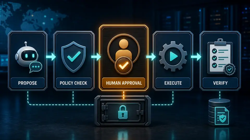 Five-stage browser-agent control path placing human approval between a deterministic policy check and execution