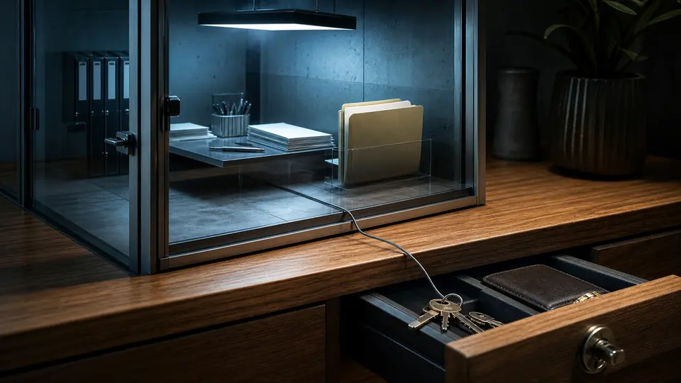 A cable slips from a sealed glass workroom toward keys stored in a drawer outside the approved boundary.