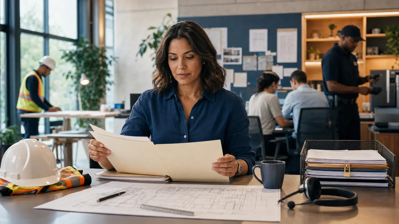 An operations lead reviews an evidence folder at a shared studio that connects construction, customer service and secure document work.