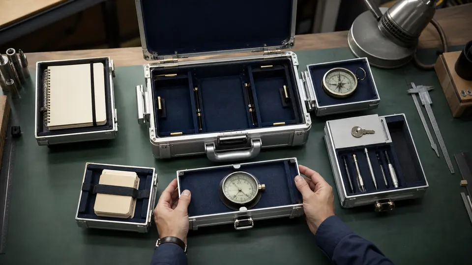 A technician assembles planning, memory, approvals and observation instruments into one durable modular field case.