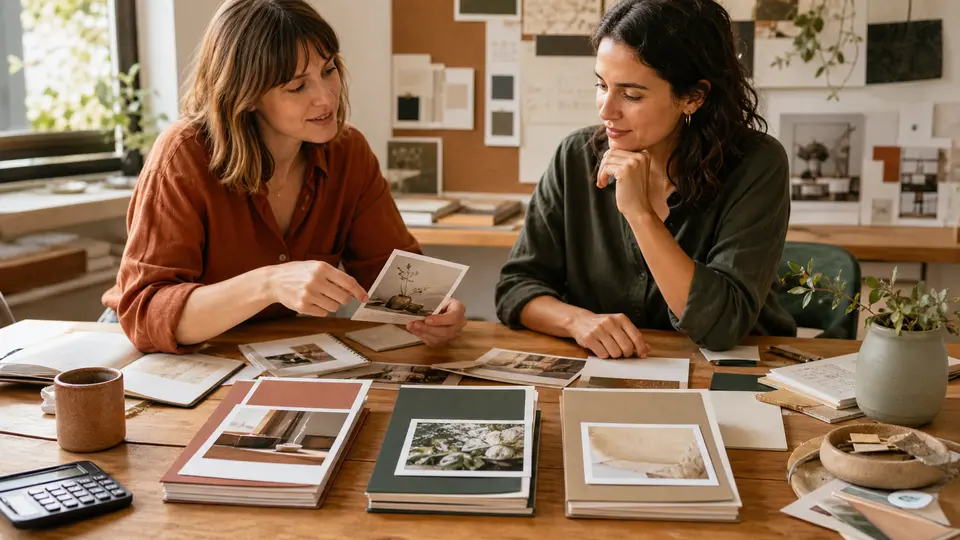 Two independent professionals compare three carefully prepared service packages against portfolio examples in a sunlit studio.