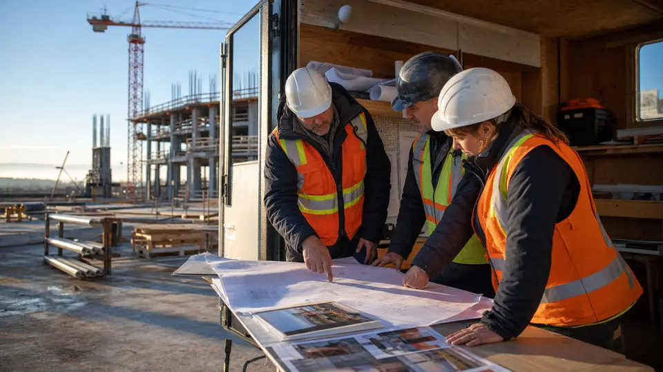 A superintendent, scheduler and safety lead review plans and site photos beside an active construction project.