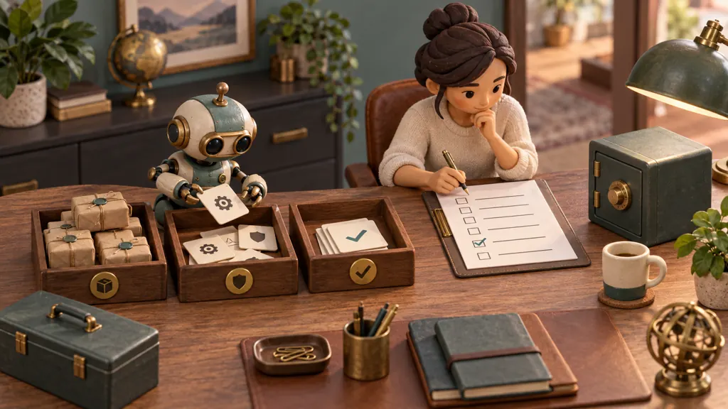 A miniature release scout sorts dated delivery packages into three physical trays while a human operator reviews a staging checklist and backup safe.