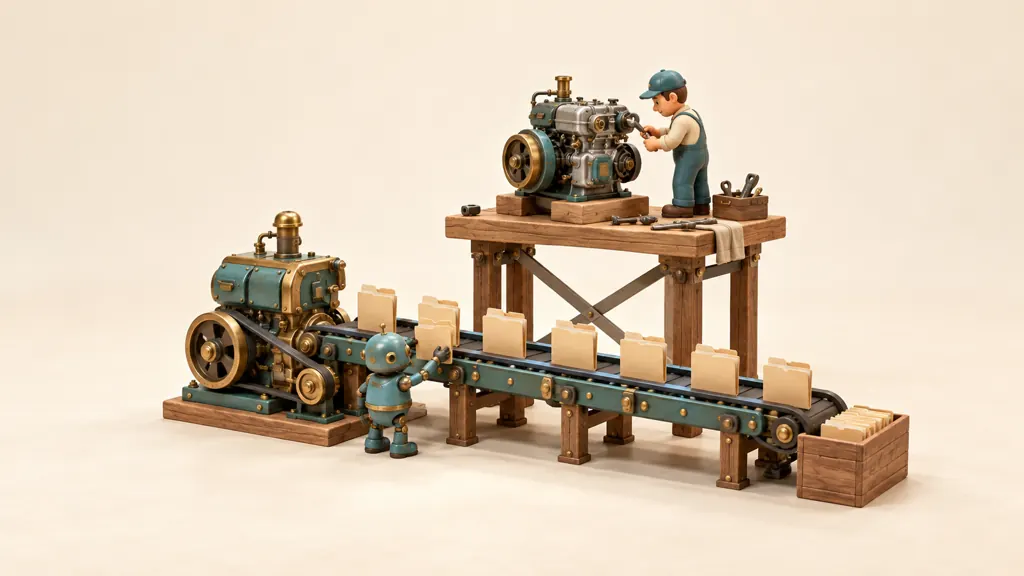 An operator tests a replacement mechanical engine on a separate bench while an assistant keeps the original production line running.