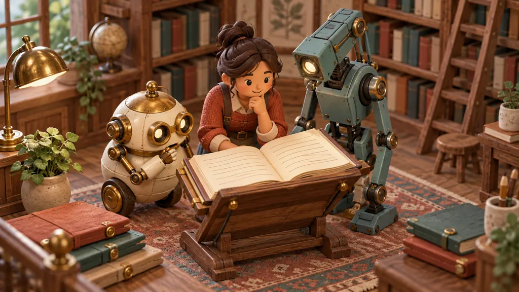Two different mechanical assistants consult one shared physical project handbook with a human project lead.