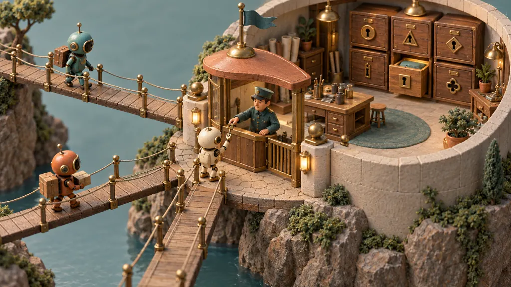 Three distinct entry bridges lead to one staffed checkpoint around an agent workshop, with narrowly sized keys for individual cabinets.